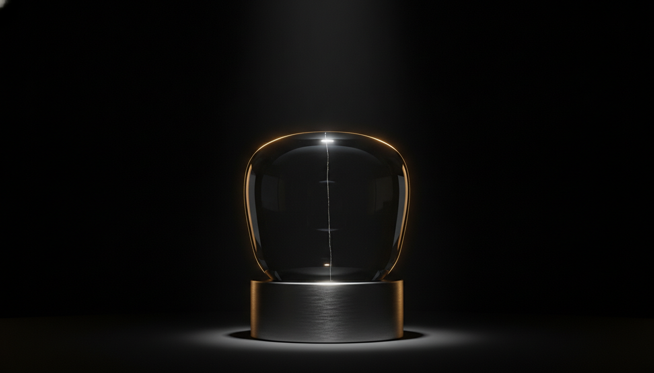 Um troféu de vidro escuro sobre pedestal de aço sob foco fechado, com uma trinca capilar visível apenas onde a luz incide.