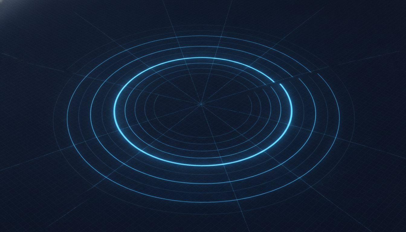 Anéis concêntricos de luz expandindo-se a partir de um único ponto sobre superfície de blueprint escuro, cruzados por linhas radiais de medição.