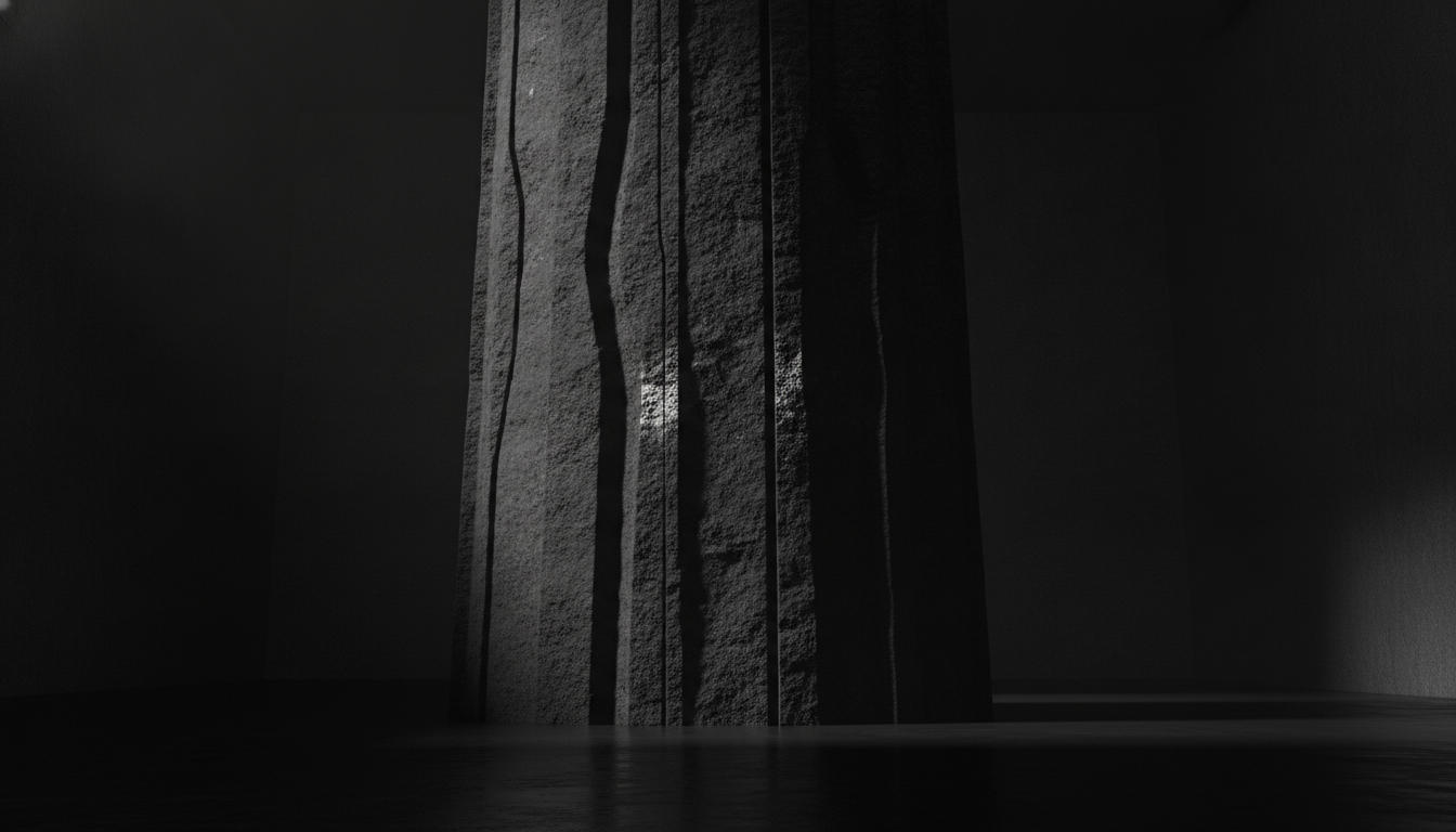 Coluna de pedra com sulcos verticais de profundidades diferentes, sob luz lateral