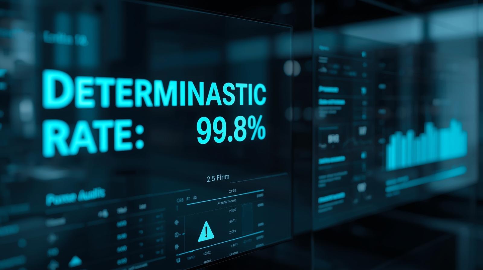 Dashboard executivo exibindo as métricas implacáveis de Deterministic Rate e Forensic Lead Time, evidenciando o escrutínio atuarial em tempo real sobre as decisões autônomas da IA.