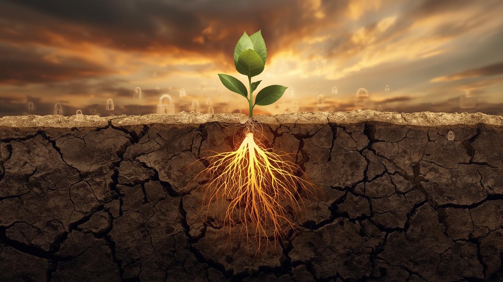 Interface ilustrando a resiliência de raízes biotecnológicas como proteção do EBITDA durante períodos de seca extrema