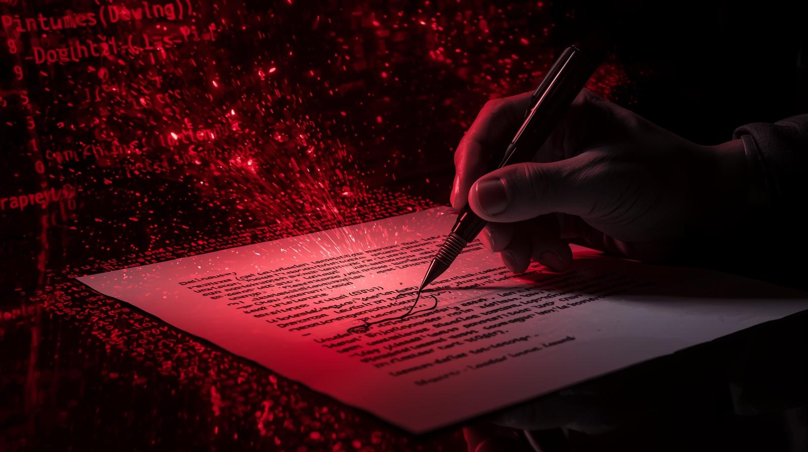 Uma assinatura física, densa e elegante em tinta preta, sobreposta com firmeza a um contrato digital caótico e instável, iluminado em vermelho. O contraste simboliza a inegociável responsabilidade do CPF humano ancorando a volatilidade do risco algorítmico.
