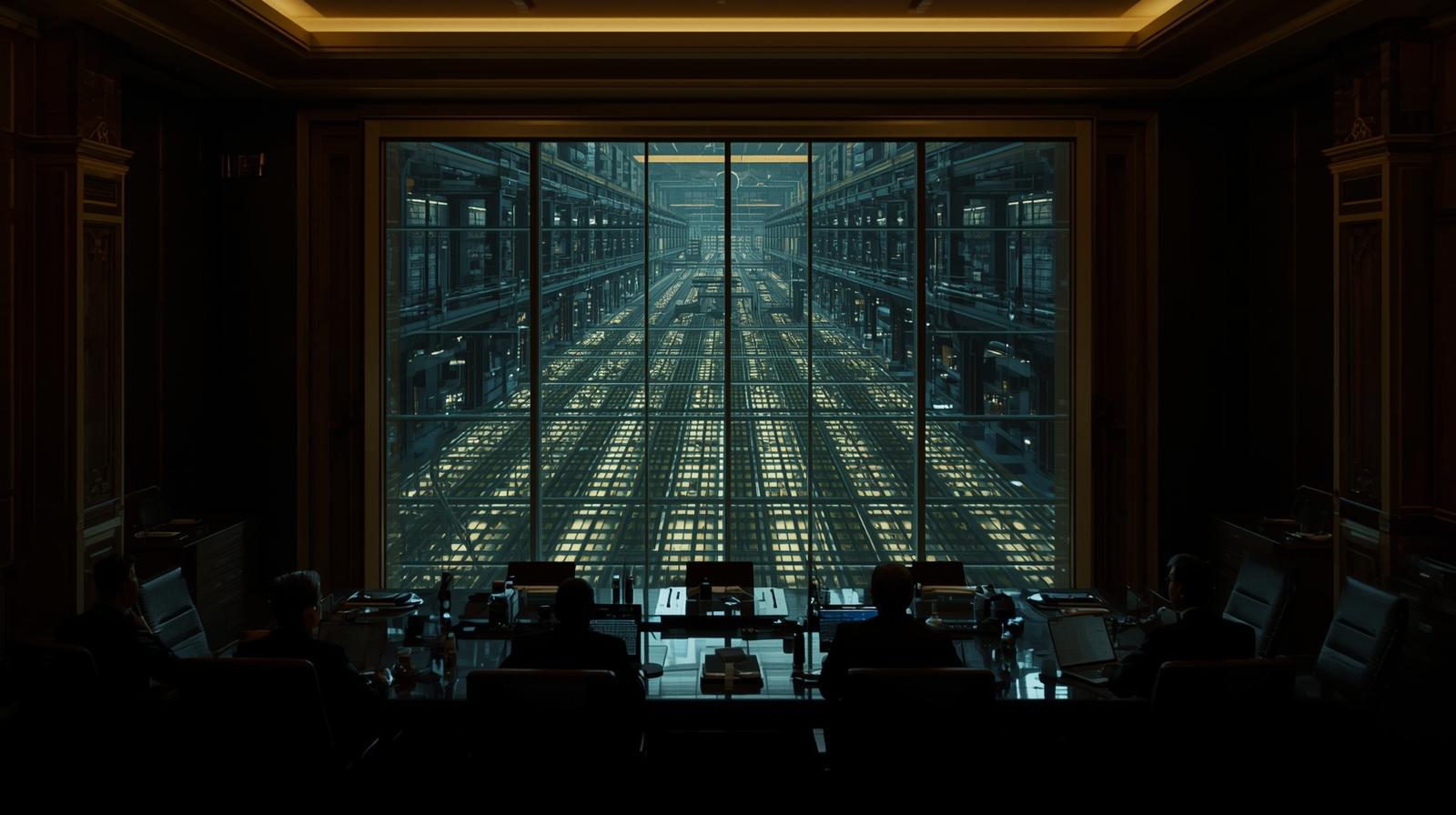 Perspectiva de uma imponente sala do Conselho de Administração (Boardroom) no topo de um edifício, com os executivos como silhuetas, observando, através de uma vasta janela de vidro, uma "fábrica" algorítmica operando em total sincronia no andar de baixo. A supremacia da supervisão humana.