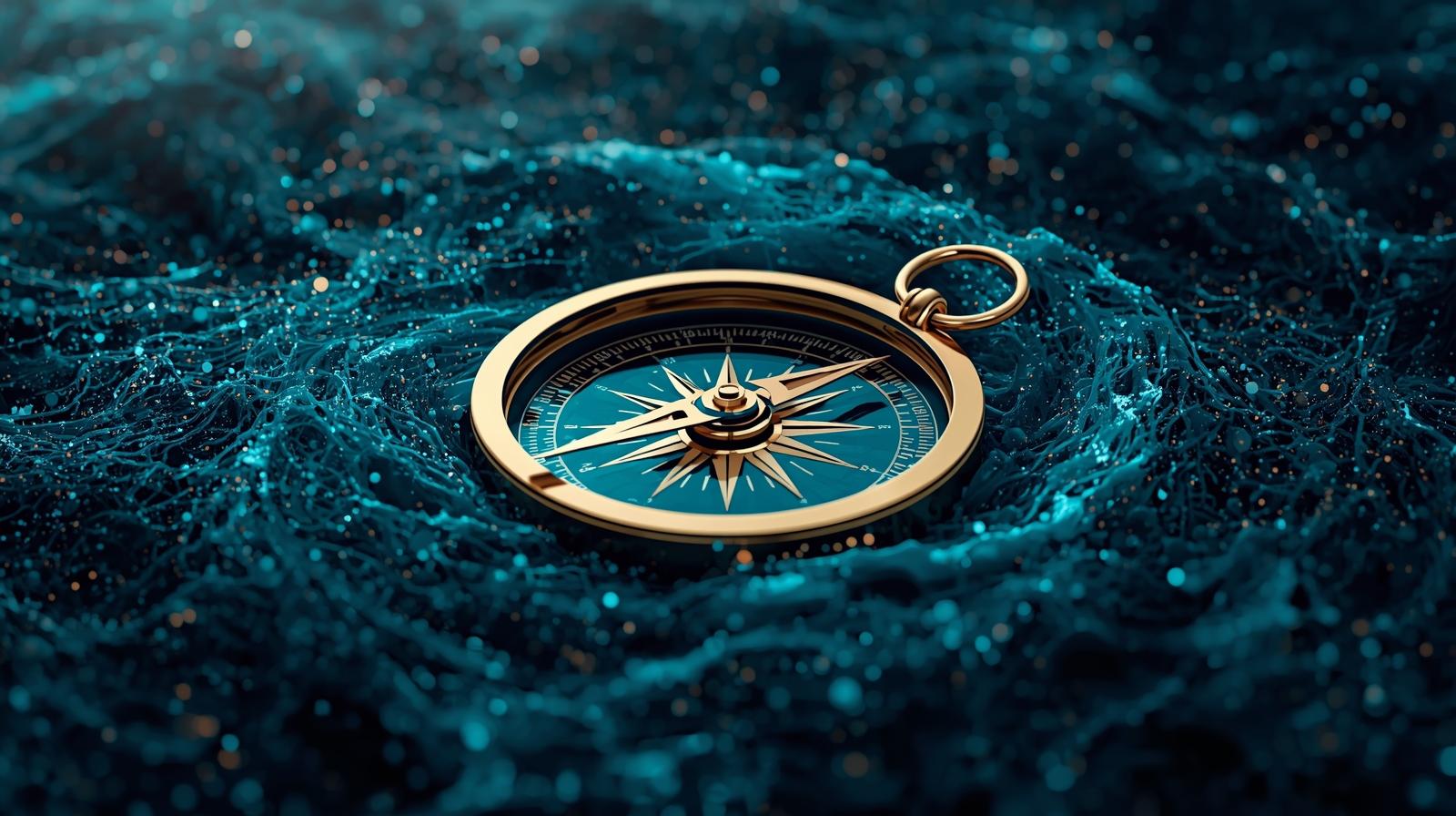 Uma bússola dourada, analógica e meticulosamente detalhada, flutuando inabalável sobre um oceano revolto de dados digitais em tons de ciano. A metáfora visual da "Arquitetura de Intenção" humana guiando o caos da informação algorítmica.