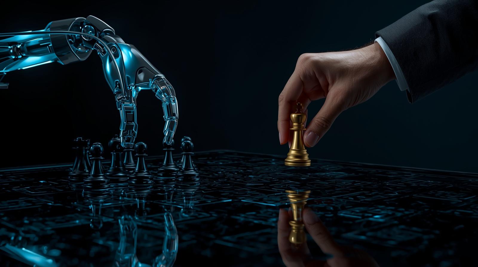 Visualização macro de um tabuleiro de xadrez corporativo. Um braço mecânico sofisticado (a IA) move peças comuns, enquanto uma mão humana, vestindo um traje executivo, segura o Rei (a responsabilidade fiduciária). A máquina executa, o humano governa.