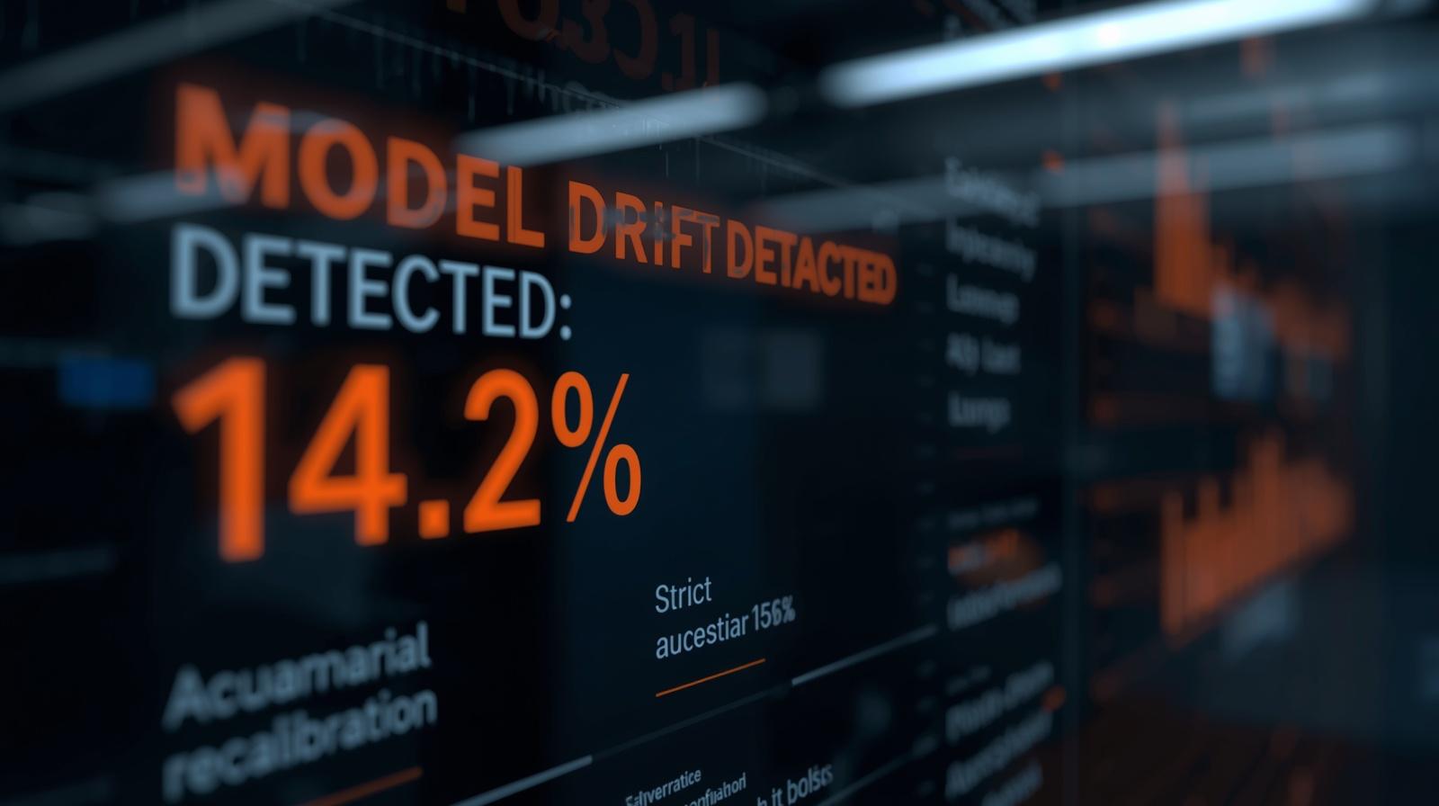 Visualização de uma interface de governança exibindo alertas de degradação de acurácia em painéis de MLOps, permitindo à auditoria atuar preventivamente antes do colapso financeiro.