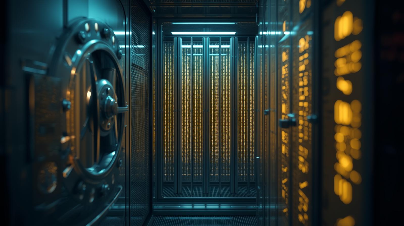 Visualização imponente de um cofre-forte corporativo. No interior iluminado em tons de ciano, fluxos de dados algorítmicos organizados substituem os clássicos maços de dinheiro, simbolizando o valor atuarial de um algoritmo devidamente auditado e governado.
