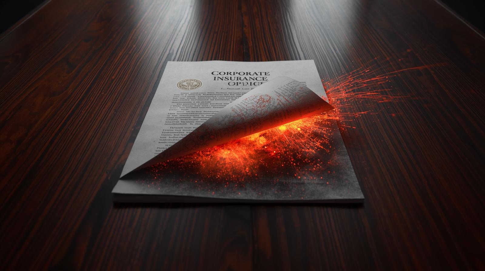 Visualização macro de um contrato corporativo de apólice de seguro sobre uma mesa de carvalho escuro. O documento está sendo corroído e fragmentado por linhas de código vermelho e caótico, simbolizando a anulação da cobertura D&O devido ao risco não governado da IA.