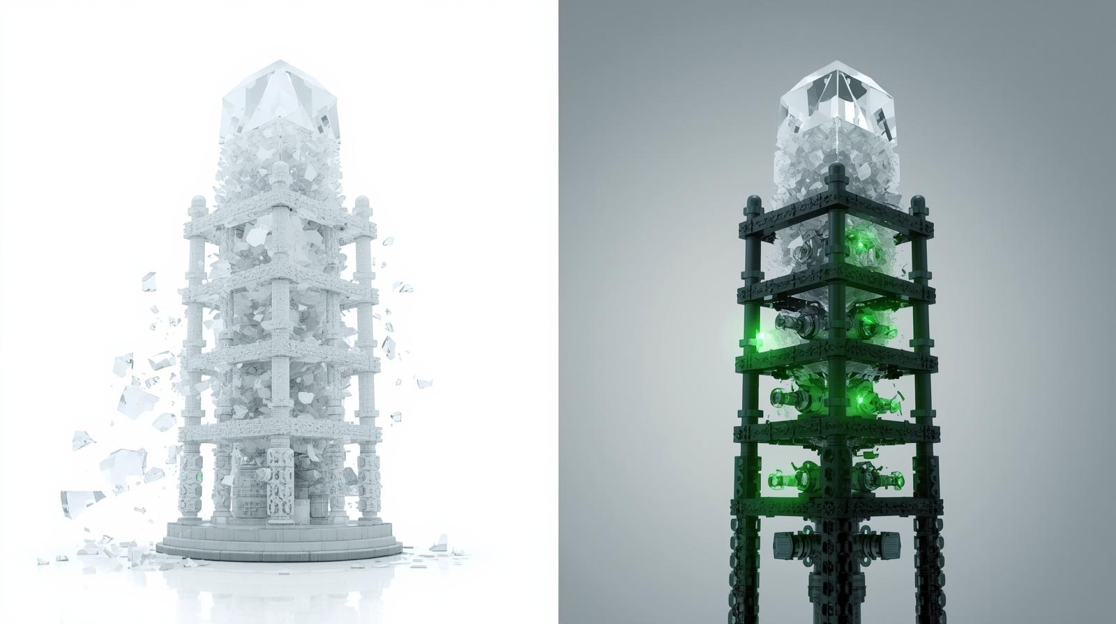 Diagrama estrutural que contrasta uma arquitetura frágil de implementação de IA (sem contenção) com a robustez da malha SRE, onde múltiplos disjuntores e sensores matemáticos protegem o modelo central contra colapsos sistêmicos.