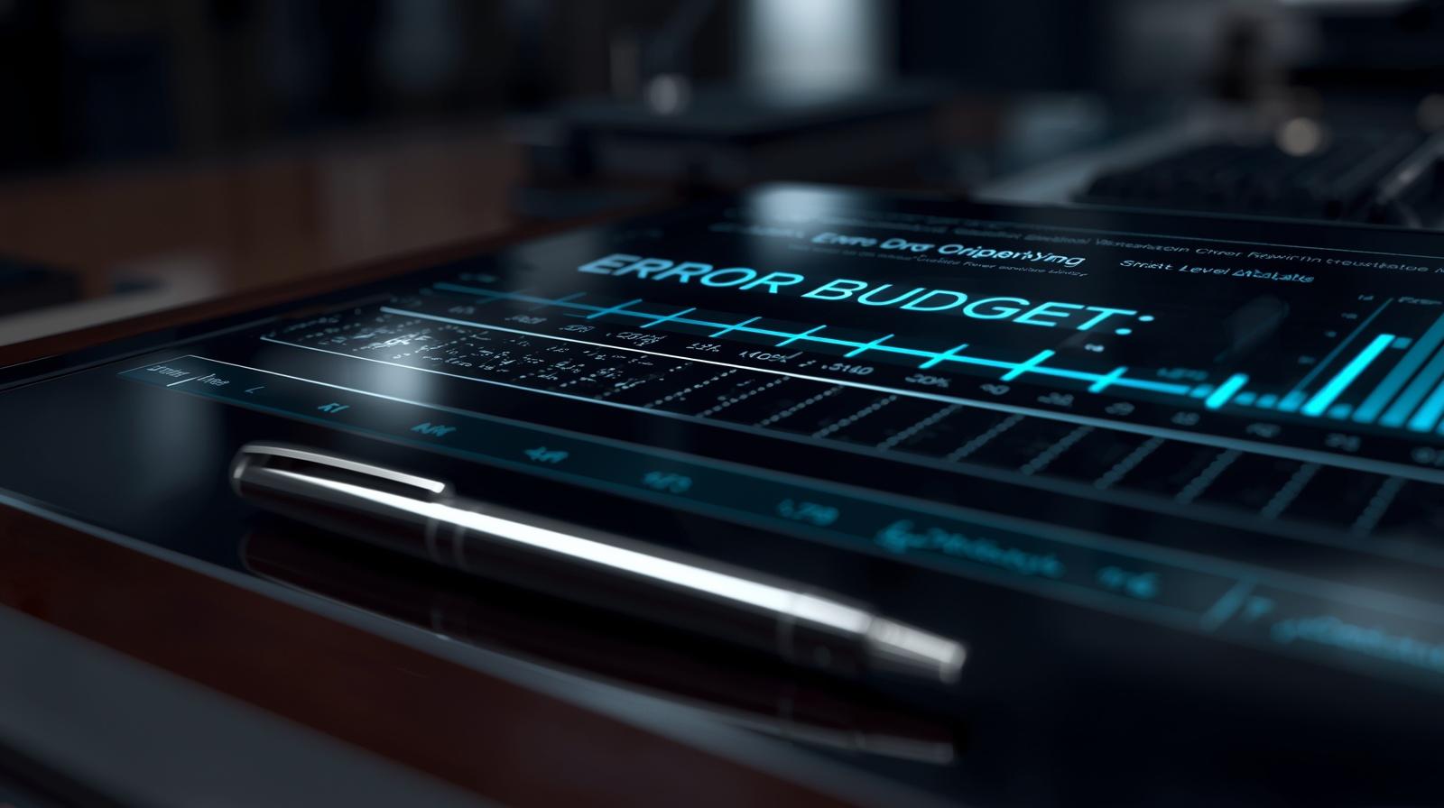 Painel de comando executivo de uma plataforma de SRE focada em IA. O gráfico exibe a queima gradual do "Error Budget" (Orçamento de Erro) ao longo do mês, demonstrando a parametrização matemática do risco tecnológico aceitável para o Conselho.