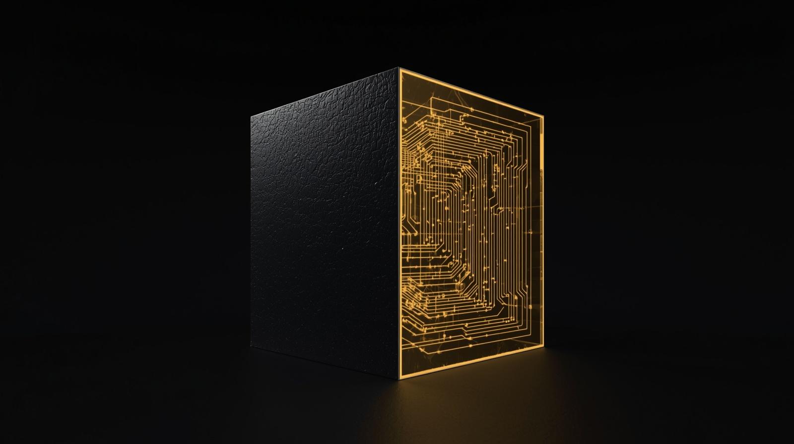 Visualização forense evidenciando o contraste entre a opacidade impenetrável das redes neuronais genéricas e um fluxograma luminoso e estruturado representando um log de decisão auditável.