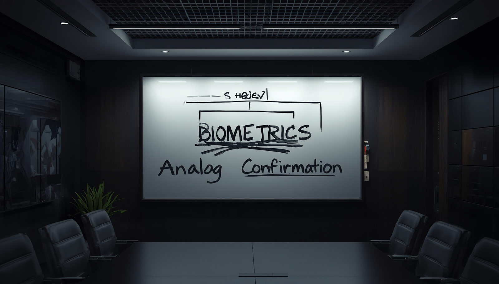 Um quadro branco de estratégias corporativas exibe esquemas de aprovação financeira, onde a palavra "Biometria" foi riscada e substituída por "Confirmação Analógica".