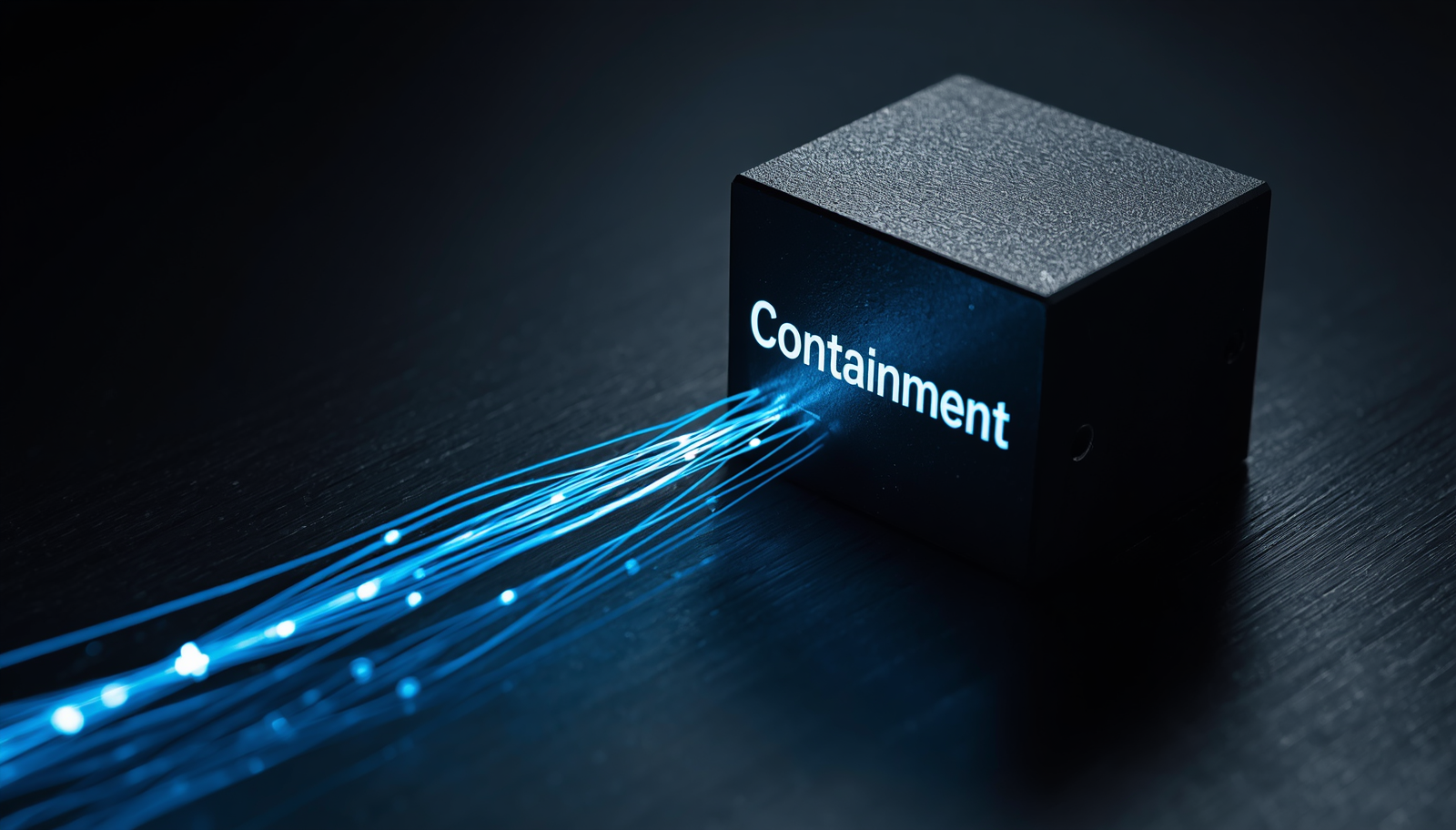 Uma imagem detalhada que mescla nós de rede brilhantes sendo travados por bloqueios físicos do tipo Air-Gap. A palavra "Containment" brilha em tons metálicos profundos.