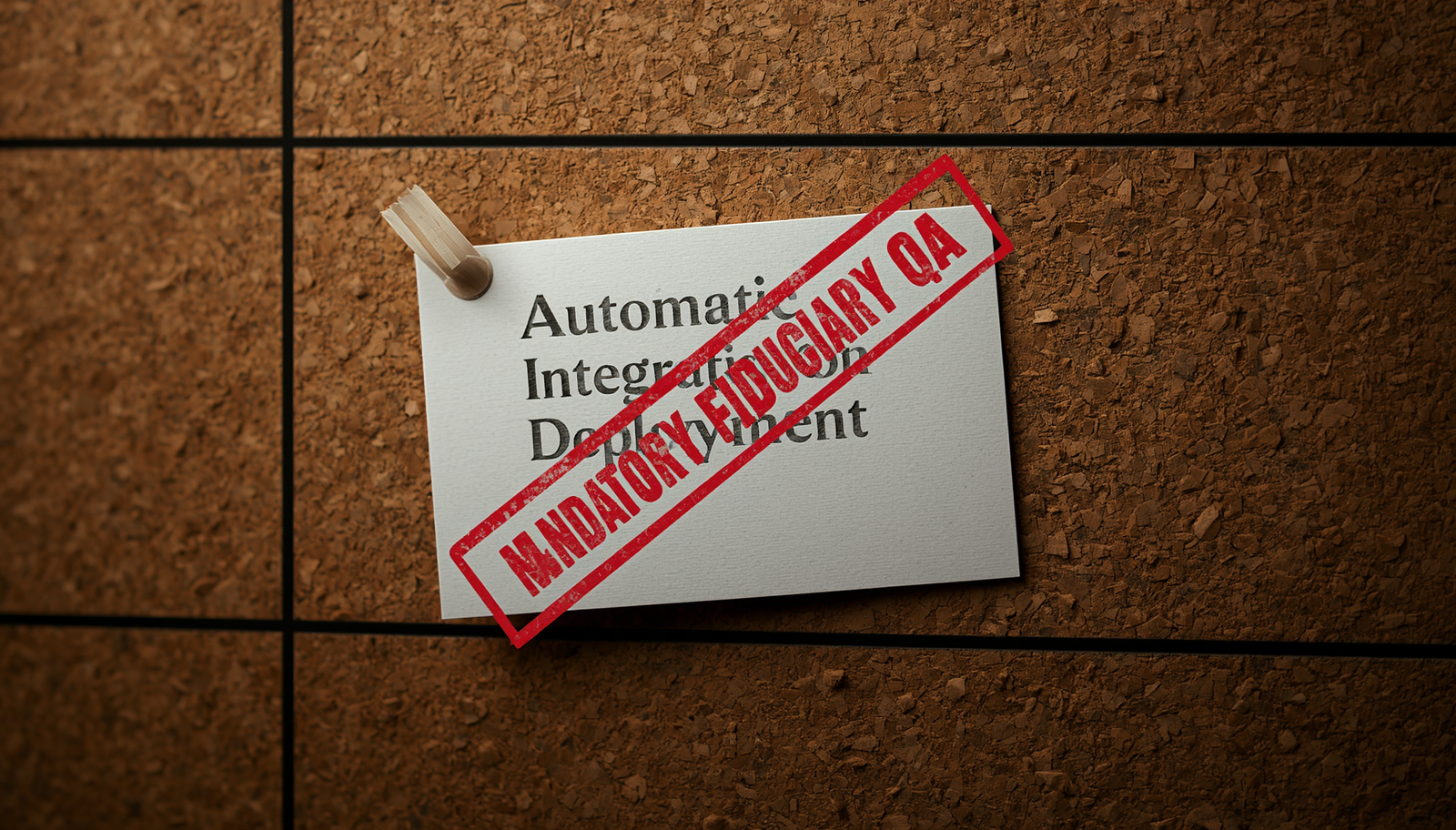 Um quadro físico de gestão de tarefas (Kanban) exibe um cartão de "Deploy Automático" firmemente bloqueado por um espesso carimbo vermelho de "QA Fiduciário Obrigatório".