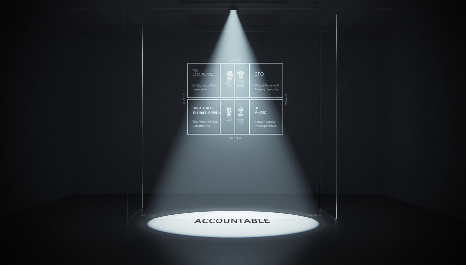 A estrutura tática de uma matriz RACI corporativa encontra-se projetada em luz de alto contraste sobre vidro, enquadrando os nomes do CFO e do Diretor de Operações na coluna principal marcada como "Accountable".