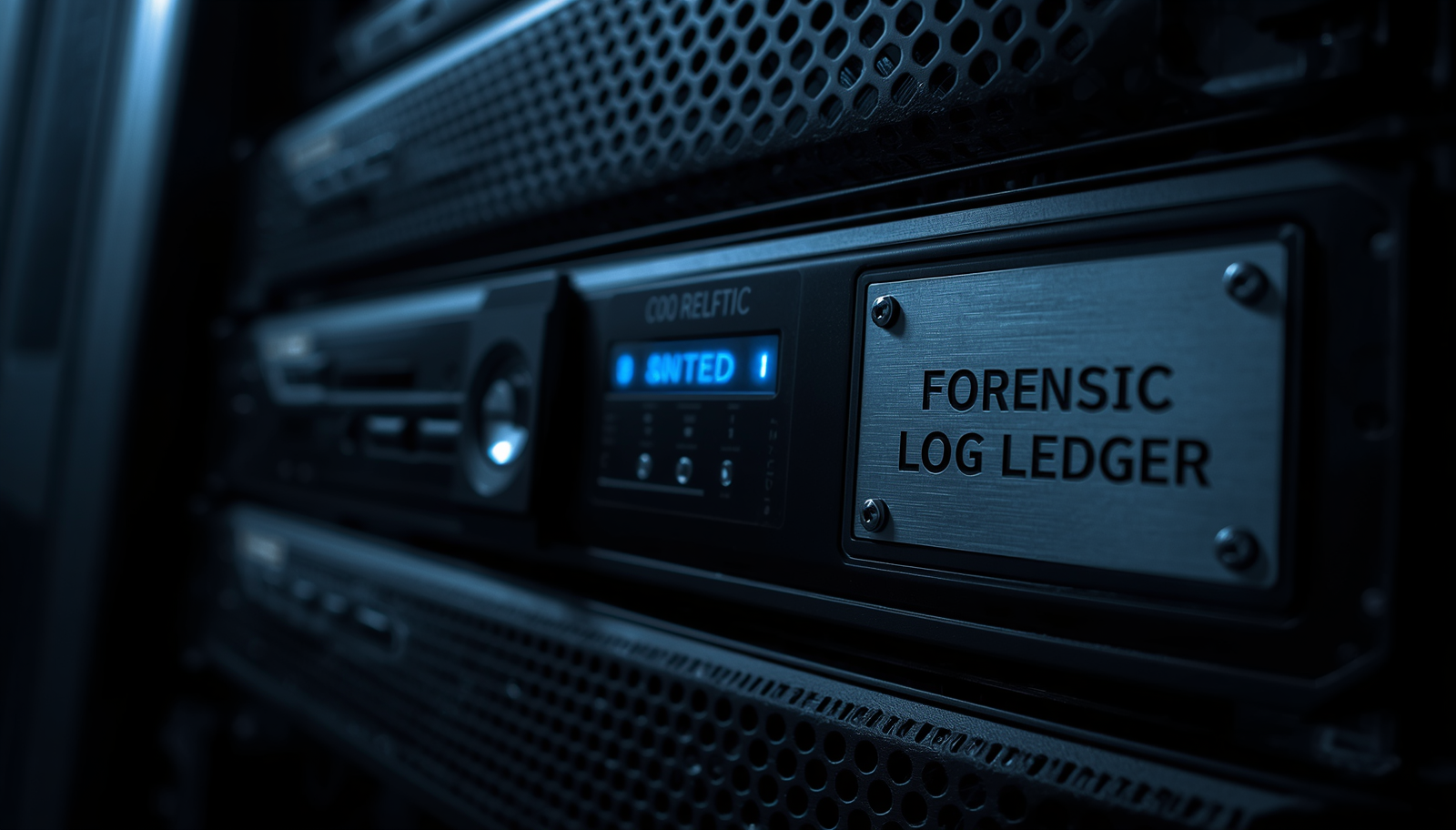 Fotografia em close macro de um rack de servidores escuro, com luzes de LED azul ciano refletindo em uma placa metálica que porta a inscrição gravada "Forensic Log Ledger".