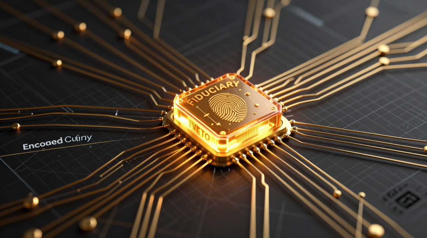Topologia de rede High-Tech Noir exibindo o fluxo de dados sendo interrompido em um nó de controle dourado marcado como 'FIDUCIARY VETO', simbolizando a Segregação de Funções nativa no código