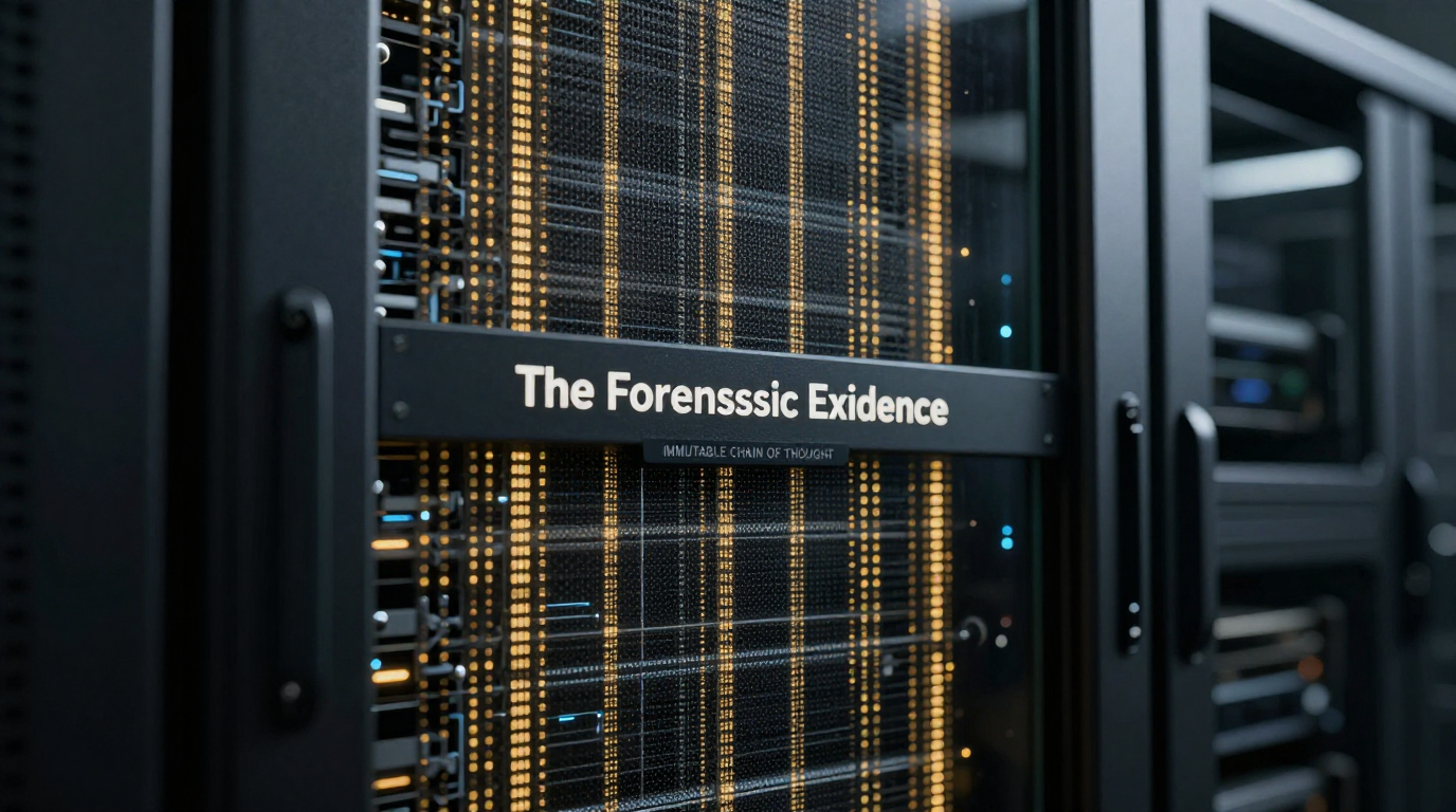 Um servidor de dados de obsidiana com luzes internas douradas, protegido por um painel de vidro blindado onde se lê 'FORENSIC TELEMETRY', simbolizando a custódia imutável do raciocínio algorítmico